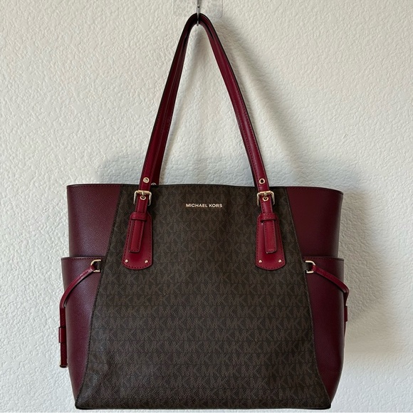 Michael Kors Red and Brown Signature Voyager Tote Bag with Gold Accents - Picture 1 of 16